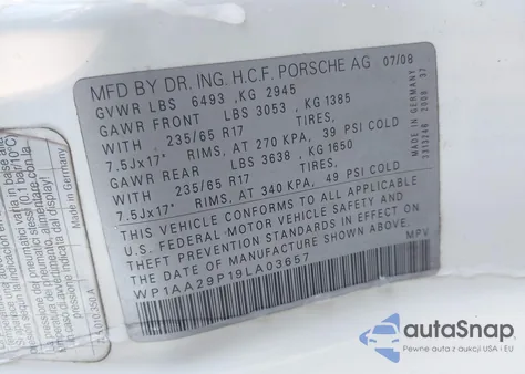 2009 Porsche Cayenne z USA, uszkodzony, nr VIN WP1AA29P19LA03657